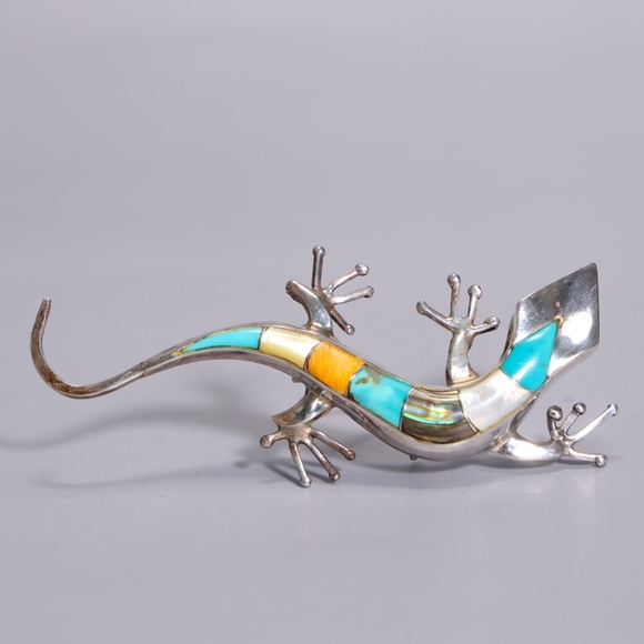 Native American Multi Gem Inlay Lizard Gecko Sterling Silver Brooch Pendant - Picture 7 of 7